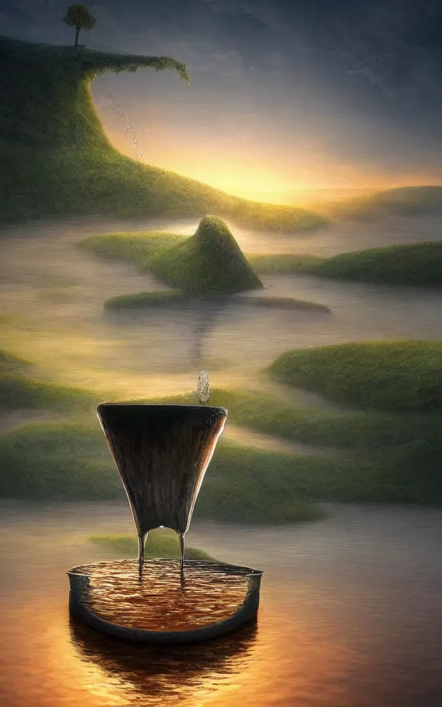 Image similar to a surreal landscape at sunset with a immense gigantic ornated iron chalice cup with a lake inside, water in excess dropping by gediminas pranckevicius