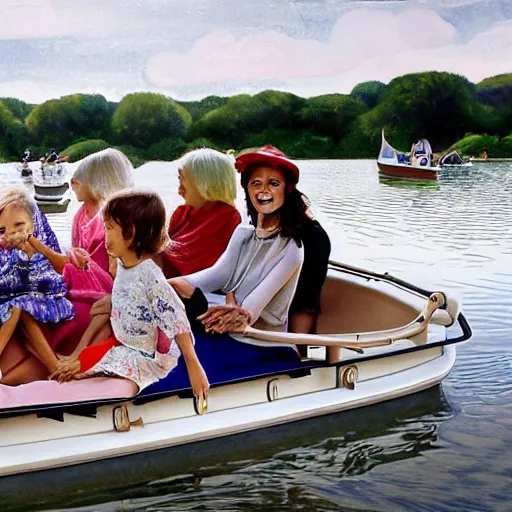 Image similar to lavish by keith parkinson. the experimental art of a group of well - dressed women & children enjoying a leisurely boat ride on a calm day. the women are chatting & laughing while the children play with a toy boat in the foreground.