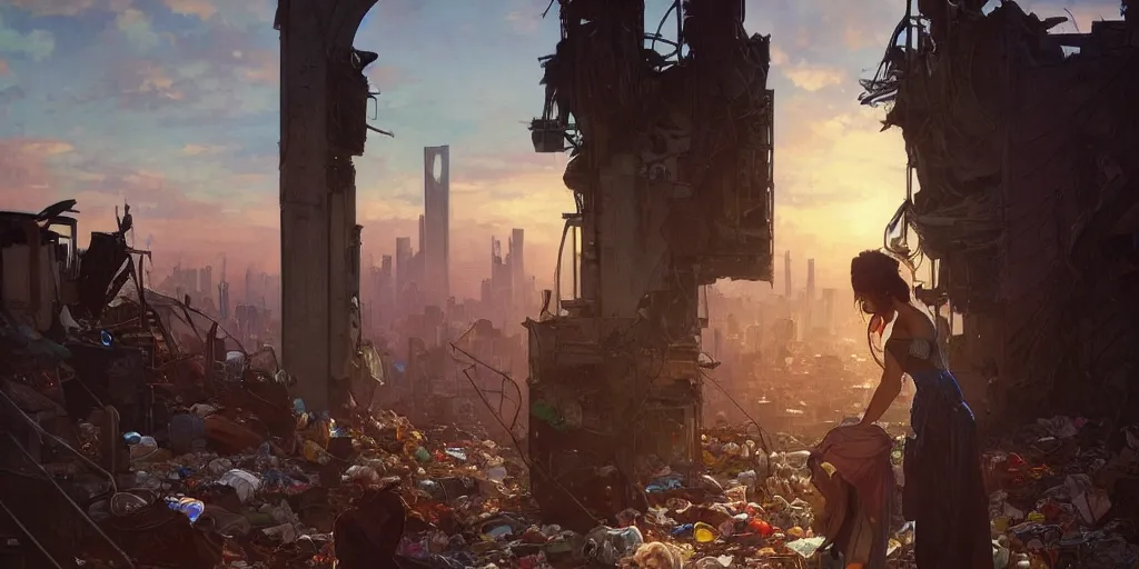 Image similar to broken window in foreground!! garbage dump, city is pure wasteland, sunset in background, detailed characters, alphonse mucha, greg rutkowski, trending on artstation, artgerm, breathtaking, sharp focus, smooth, mark arian, award winning, highly detailed 4 k art