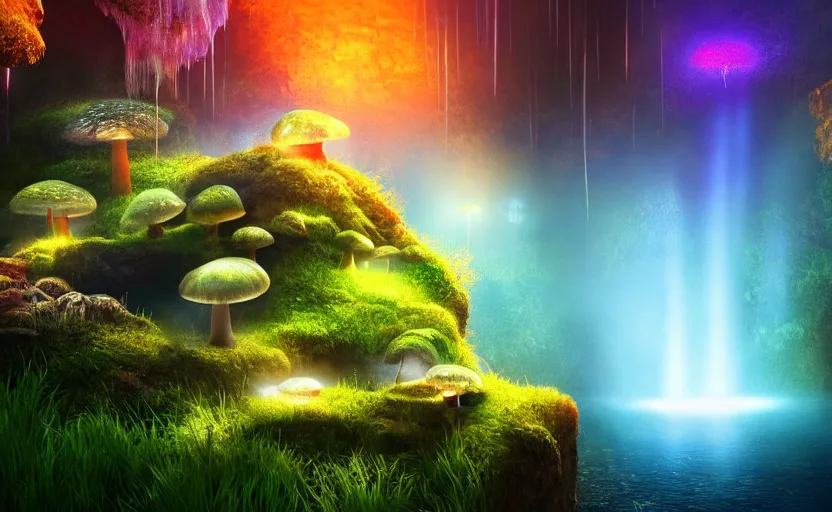 Image similar to a beautiful and stunning professional digital artwork of a glowing mushroom cave, haze, spores floating in the air, waterfall, volumetric lighting, hyperrealistic, rtx on, ultra detail