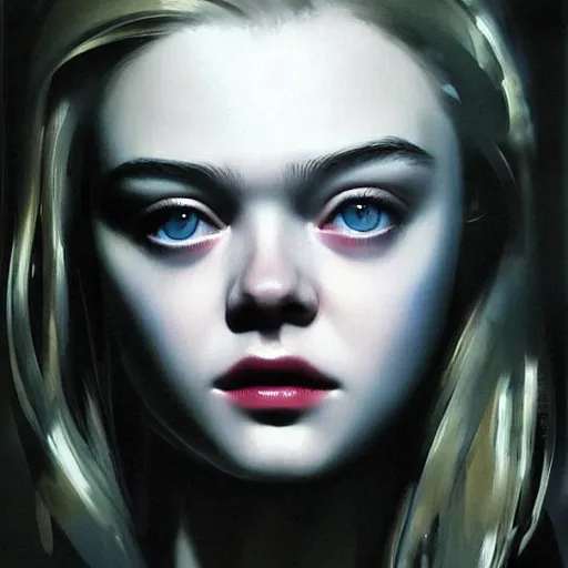 Image similar to a striking hyper real painting of Elle Fanning by Yoji Shinkawa