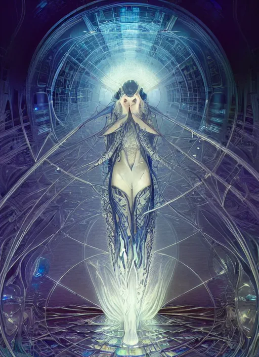 Prompt: fractals!! water, hybrids, tech wear!!!, scifi, glowing lights!! intricate elegant, highly detailed, digital photograph, artstation, concept art, smooth, sharp focus, thin glowing wires, illustration, art by artgerm and greg rutkowski and alphonse mucha, singularity!!!