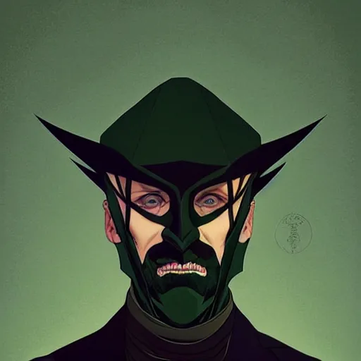 Image similar to Joshua Middleton comic art, wide shot, handsome elegant male Mads Mikkelson, spy, kabuki mask, beautiful evil sneer, symmetrical face, symmetrical eyes, leather clothing and boots, long straight green black hair, full body, Indigo occult pattern