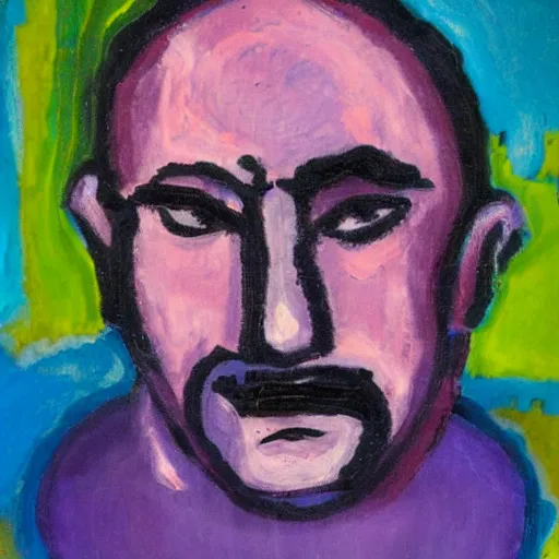 Image similar to an expressionism face portrait of a man used with Impasto, dark blues purples and pinks, detailed