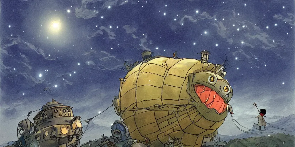 Image similar to a realistic cell - shaded concept art from howl's moving castle ( 2 0 0 4 ) of a huge floating cube from close encounters of the third kind ( 1 9 7 7 ). it is a misty starry night. a mammoth is in the background. very dull colors, hd, 4 k, hq