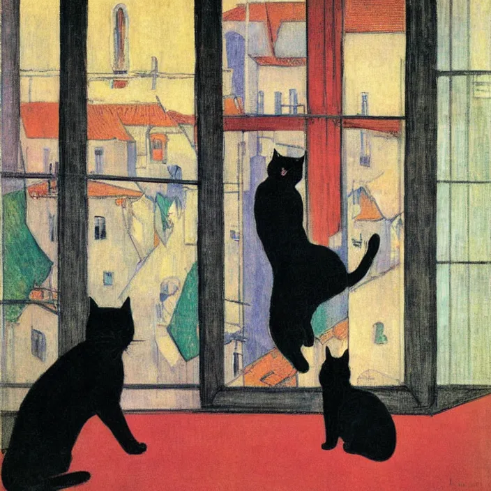 Image similar to couple under a baldachin with city seen from a window frame. fuzzy black cat. henri de toulouse - lautrec, utamaro, matisse, felix vallotton, rene magritte