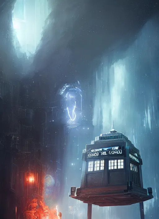 Image similar to A fancy portrait of The tardis by Greg Rutkowski, Sung Choi, Mitchell Mohrhauser, Maciej Kuciara, Johnson Ting, Maxim Verehin, Peter Konig, Bloodborne, 8k photorealistic, cinematic lighting, HD, high details, dramatic, atmospheric , trending on artstation