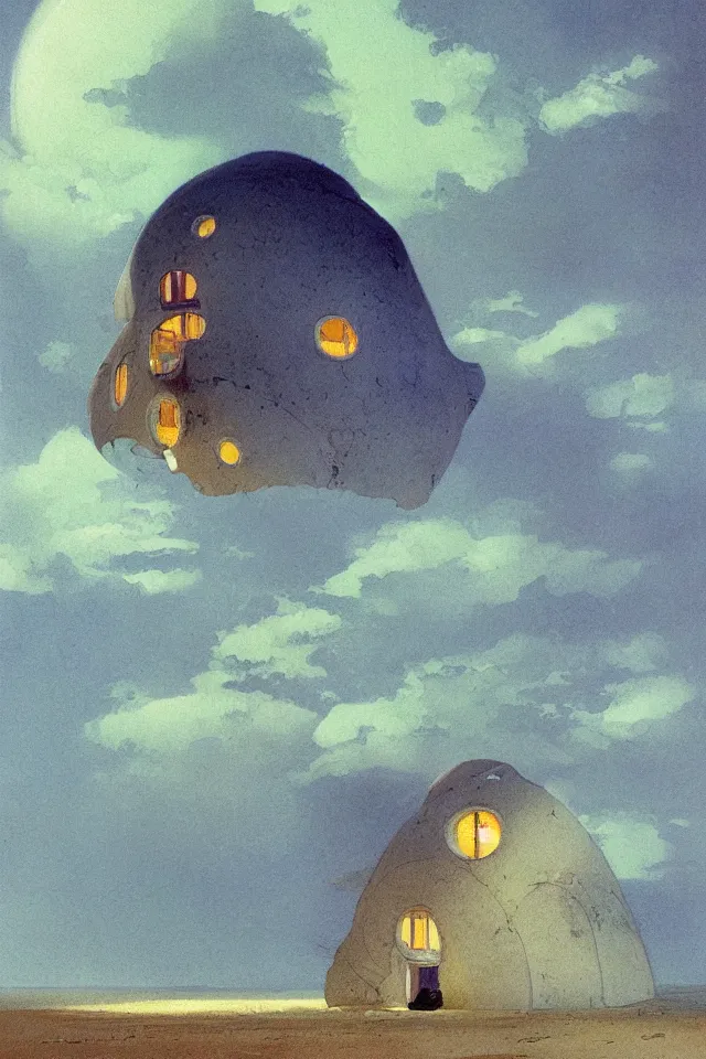 Prompt: painting of a single giant seashell house where a young girl lives , by john harris and moebius, atmospheric, concept art