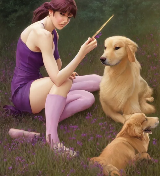 Prompt: Kate Bishop petting Golden Retriever Dog, Marvel, Hawkeye, blush, intricate, cute, elegant, light purple mist, highly detailed, digital painting, artstation, concept art, matte, sharp focus, illustration, art by Artgerm and Greg Rutkowski and Alphonse Mucha