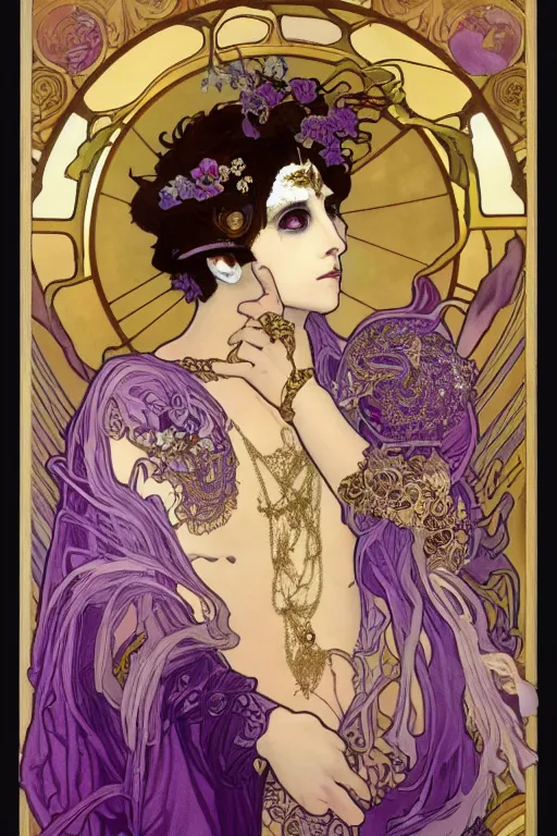 Prompt: thanatos, beautiful male god of death, closed eyes, long hair, wearing ornate silk and lace clothes, gold jewelry, moon, purple feathers, by Alphonse Mucha, rule of thirds, super detailed, 8k