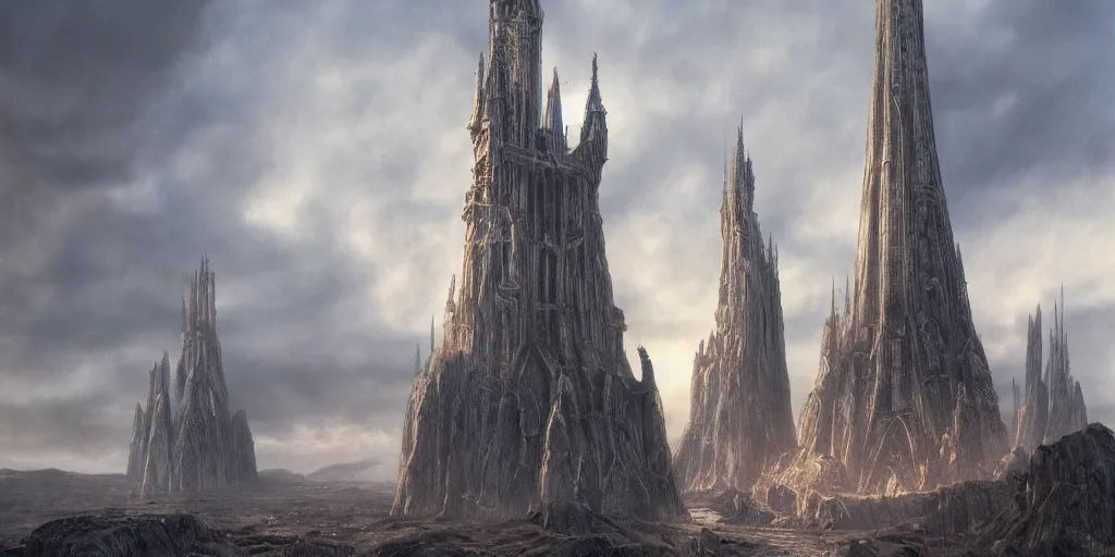 Image similar to Orthanc tower inside Isengard in the evening, detailed matte painting, cinematic, Alan Lee, Artstation