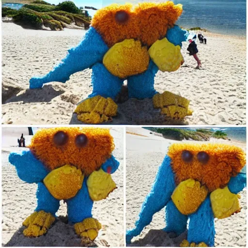 Prompt: a super adorable honeycomb monster crazy craving at the beach