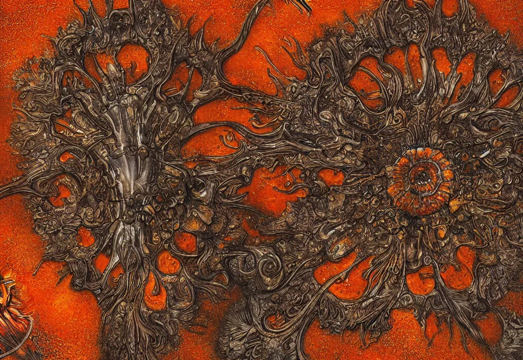 Image similar to helmet on the ground flourishes with orange big mold by ernst haeckel, digital art, 4k, trending on artstation, highly detailed