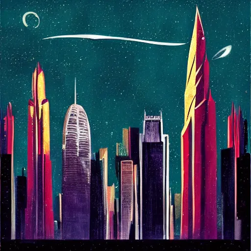 Prompt: a painting of a night sky with skyscrapers, poster art by tim biskup, behance contest winner, space art, poster art, wallpaper, digital illustration