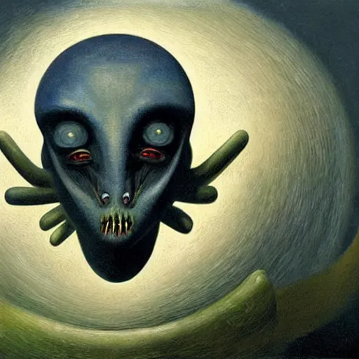 Prompt: A scary, uncanny, unnerving oil painting of a strange alien creature by Max Ernst and Maciej Rebisz