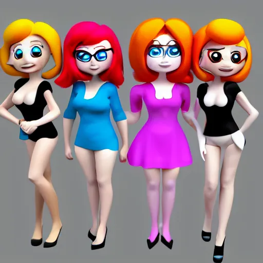 Prompt: christina hendricks as powerpuff girls characters, 3 d render, blender,