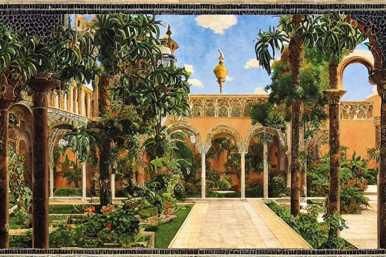 Prompt: painting of a beautiful moorish palace courtyard garden, by jan schmuckal and maxfield parrish and evelyn de morgan and waterhouse and dante rossetti, patterned tilework, palm trees, tiled fountains, sun and shade, extremely detailed, dramatic cinematic lighting, smooth sharp focus, featured on artstation