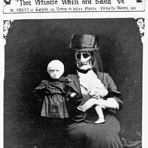 Image similar to black and white grainy newspaper photo from 1898 of an old scary lady in black suit with child, horror