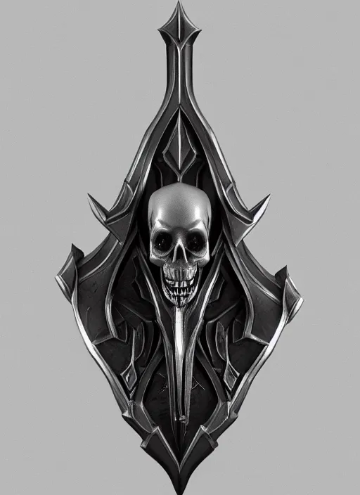 Image similar to a black and silver sword skull crest, orthographic, ornament, weapon, a 2 d render by dom qwek, front side, concept art, trending on polycount, artstation, hard surface modeling, rendered in maya, zbrush, hd, vray, blizzard, symmetry