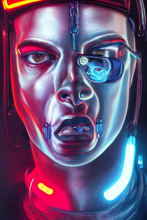 Image similar to detailed portrait of a cyberpunk male with face augmentations, strong neon lighting, raining, mysterious, mirror shades, by glenn fabry, hyper realistic, HD, oil on canvas