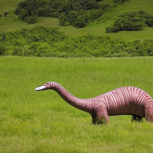 Image similar to a diplodocus lazily walking through a meadow enjoying the summer sun