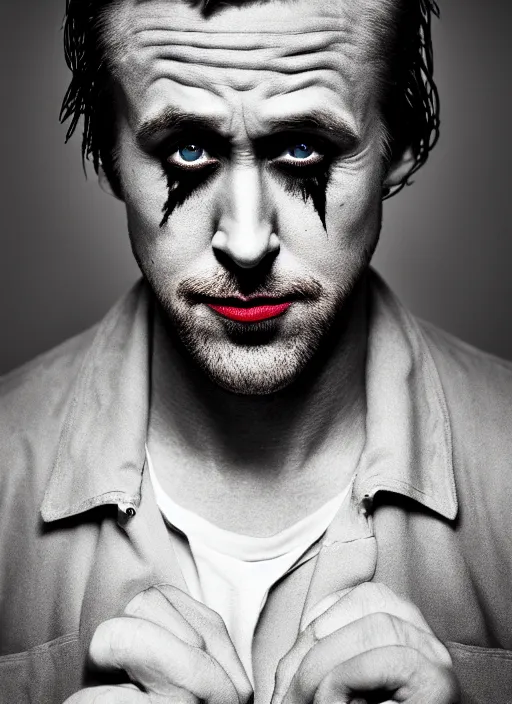 Prompt: photo of Ryan Gosling as the Joker by Lee Jeffries, head shot, detailed, award winning, Sony a7R