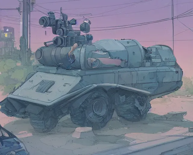 Prompt: a study of cell shaded cartoon tank with a giant camera on it on a desert road, street lamps, road, illustration, wide shot, subtle colors, post grunge, concept art by josan gonzales and wlop, by james jean, victo ngai, highly detailed, sharp focus, trending on artstation, hq, deviantart, art by artgem