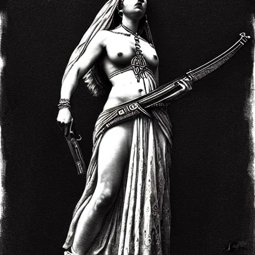 Image similar to marana slavic goddess with ak - 4 7 in six arms in traditional slavic clothes : by gustave dore and greg rutkowski and wlop, mystic high contrast monochromatic noir