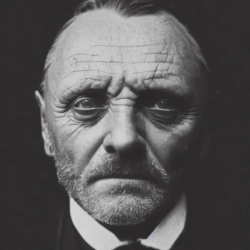 Prompt: headshot edwardian photograph of anthony hopkins, mads mikkelsen, arthur shelby, terrifying, scariest looking man alive, 1 8 9 0 s, london gang member, intimidating, fearsome, realistic face, peaky blinders, 1 9 0 0 s photography, 1 9 1 0 s, grainy, blurry, very faded, victorian, low - quality