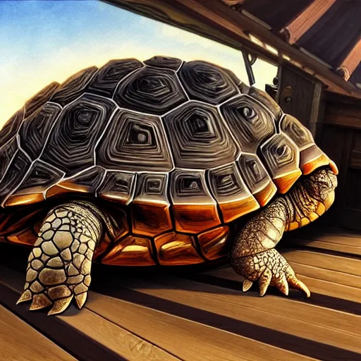 Image similar to realistic large tortoise lying down on fantasy boat deck, naval background, wide angle shot, highly detailed, D&D, magic the gathering, fantasy, digital painting, artstation, concept art, smooth, sharp focus, illustration, art by artgerm and greg rutkowski and alphonse mucha