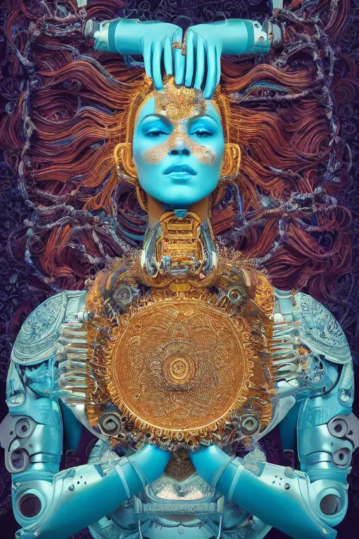 Prompt: a beautiful intricate fine art portrait photo of an indian cyborg with bionic implants, epic wavy hair spread out around her lined with white hibiscus, lying on a mandala, by natalie shau and james christensen, masterpiece!, turquoise blue face, mechanical robot body, top view, studio lighting, golden ratio composition, 3 5 mm lens, deep depth of field, artstation, 8 k