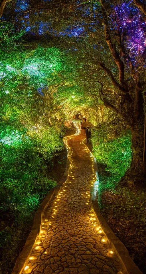 Prompt: a winding pathway through lothlorien, illuminated by an otherworldly glow