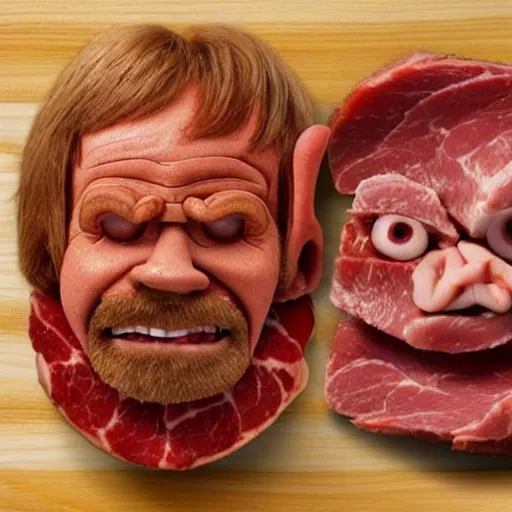 Image similar to chuck roast norris, chuck norris face made of meat