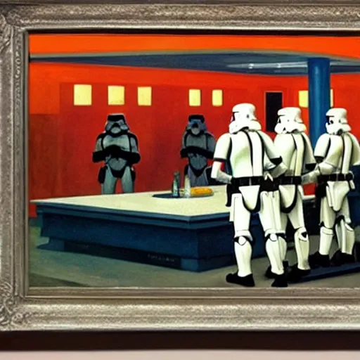 Prompt: stormtroopers in Nighthawks 1942 Painting by Edward Hopper
