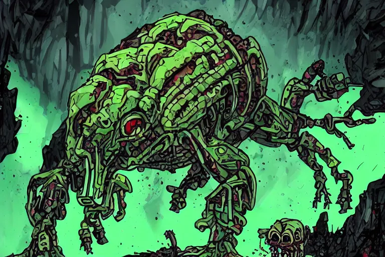 Image similar to bio zombie mecha cyborg lizard troll fearful 5 3 8 4 8 and dangerous creature in a sinister dark cave.