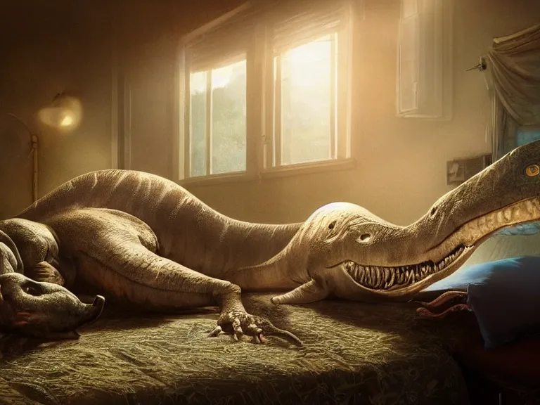 Image similar to sleeping!!!!! dinosaur laying on bed!!!!!, ultra realistic, lens flare, atmosphere, glow, detailed, intricate, full of colour, cinematic lighting, trending on artstation, 4 k, hyperrealistic, focused, extreme details, unreal engine 5, cinematic, masterpiece