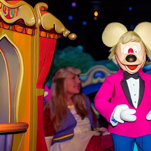 Image similar to a child puppet in the its a small world ride at disneyland that looks like donald trump, highly detailed, high definition, ultra realistic