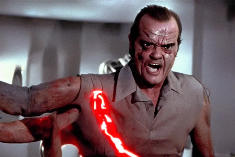 Image similar to Jack Nicholson plays Terminator, his one yes glow red, scene where his endoskeleton is exposed, still from the film