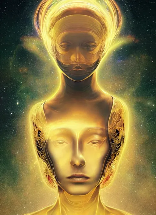 Image similar to a golden woman 2/3 figurative portrait, in space, head breaking apart and spiraling geometry into the sky upwards into another dimension, lazer light beaming down to top of her head, by moebius and Yoshitaka amano, painterly digital art