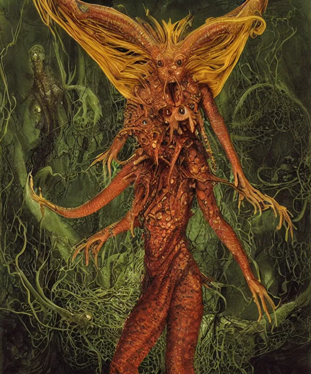 Prompt: portrait photograph of a fierce sadie sink as an alien harpy queen with slimy amphibian skin. she is trying on evil bulbous slimy organic membrane fetish fashion and transforming into a fiery succubus amphibian villian octopus. by donato giancola, walton ford, ernst haeckel, brian froud, hr giger. 8 k, cgsociety