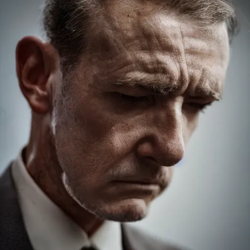 Image similar to Photo of a stern man in a beige peak lapel suit with a sad and melancholic look, grieving, chiaroscuro, facing the camera, closeup shot, cinematic promo material, by Guy Denning