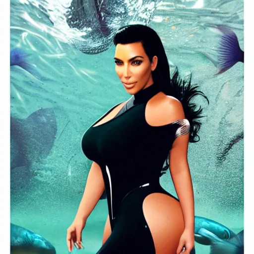 Prompt: kim kardashian as a drop shaped fish with cyborg legs