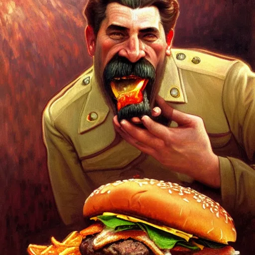 Prompt: painted portrait of ( stalin's apeman ) biting and eating giant hamburgers, mature, handsome, fantasy, intricate, elegant, highly detailed, digital painting, artstation, concept art, sharp focus, illustration, illumination, holy ethereal light, art by gaston bussiere and alphonse mucha