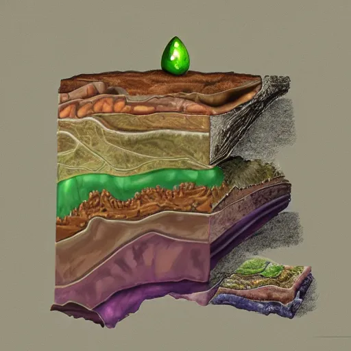 Image similar to a side profile of earth soil and rock layers, with hidden bones, gems and treasures, digital painting