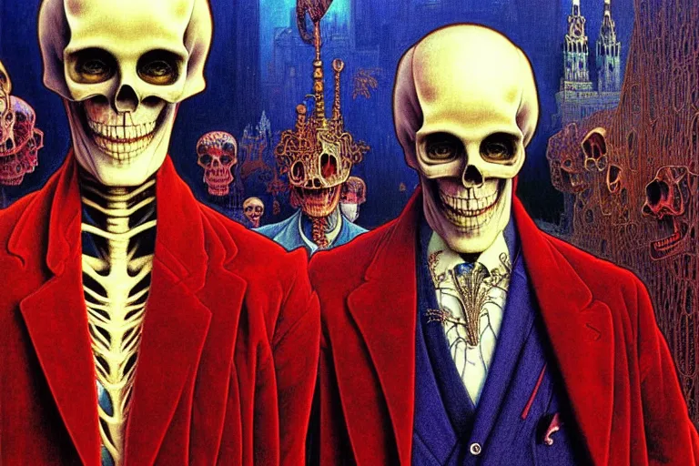 Image similar to realistic detailed closeup portrait painting of a single skeleton wearing red velvet blazer in a crowded futuristic moscow street by jean delville, amano, yves tanguy, alphonse mucha, ernst haeckel, edward robert hughes, roger dean, rich moody colours, blue eyes