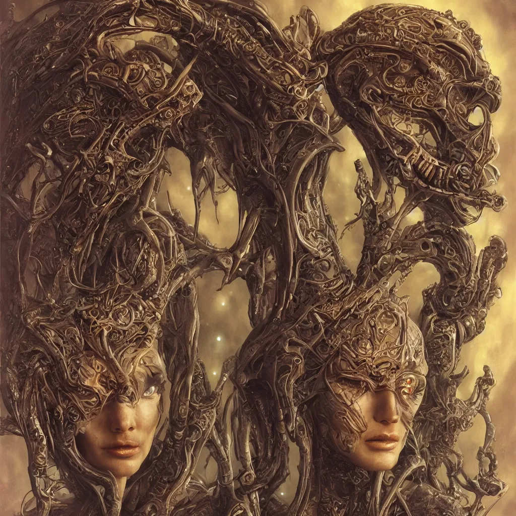 Prompt: beautiful and exotic alien queen bust portrait, glowering judging eyes, art nouveau declotage, perfect symmetrical facial features, hyperrrealistic bone structure, extremely hyperdetailed, mixed media painting, unreal engine, 8 k, octane, 8 mm, by travis charest, rodney matthews and chris achilleos
