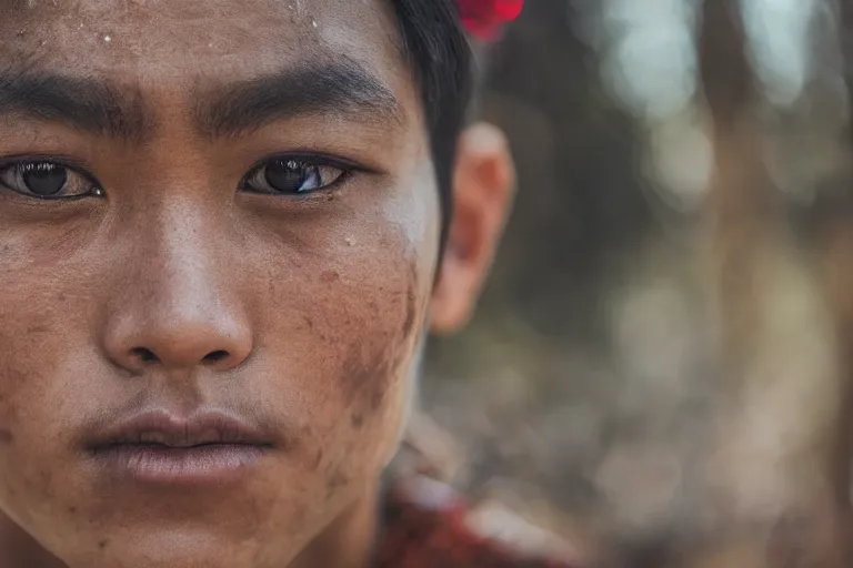 Prompt: close - up photo of a beautiful khmer warrior prince in a battle scene, detailed eyes, shallow depth of field, photorealistic, cinematic lighting, lovely bokeh, warm colours, dusk