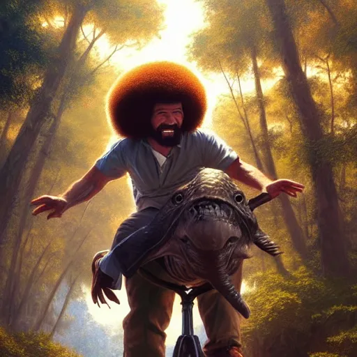 Image similar to bob ross!!! riding!!! a dinosaur!!, giant afro!, model pose, ultra realistic, concept art, intricate details, highly detailed, photorealistic, octane render, 8 k, unreal engine. art by artgerm and greg rutkowski and alphonse mucha