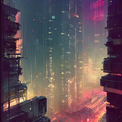 Prompt: looking outside from a penthouse suite at the top of the highest skyscraper in the middle of a cyberpunk city at night, very detailed, ismail inceoglu, beeple, mucha, trending on artstation, cinematic, blade runner 2 0 4 9