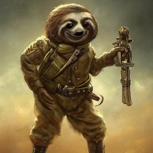 Prompt: cute little anthropomorphic sloth ww1 soldier, tiny, small, short, military outfit, cute and adorable, pretty, beautiful, DnD character art portrait, matte fantasy painting, DeviantArt Artstation, by Jason Felix by Steve Argyle by Tyler Jacobson by Peter Mohrbacher, cinema